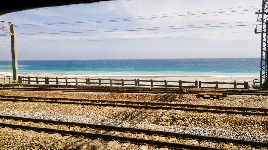 the coast from inside train