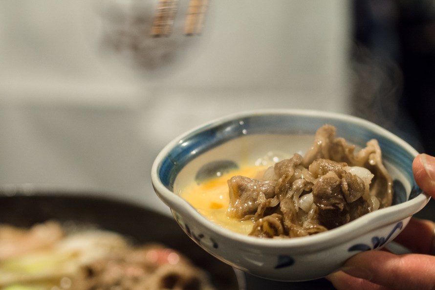 and then the beef is swirled in raw egg 