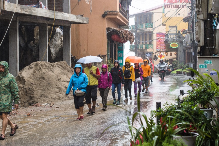 trudging to town in the rain